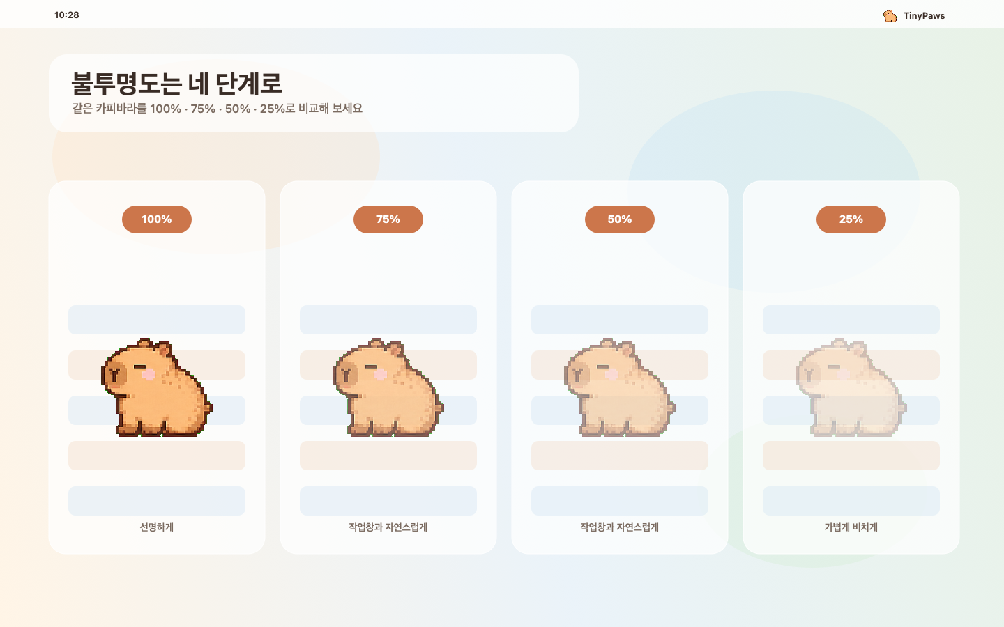 프로젝트의 카피바라 캐릭터에 불투명도 100%, 75%, 50%, 25%를 적용한 비교 화면